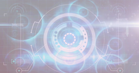 Image of multiple circles, geometric shape and geometric shapes over computer language. Digitally...