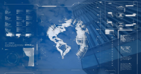 Image of interface with data processing and spinning globe over low angle view of tall building....