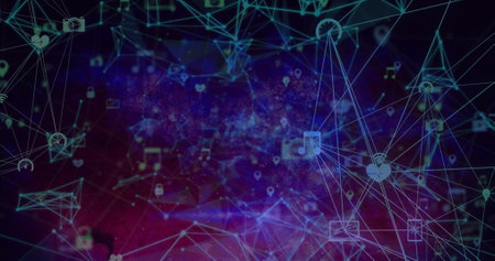 Image of network of connections, globes of digital icons against purple gradient background. Global networking and business technology conceptの写真素材