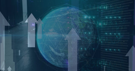 Image of spinning globe, data processing and arrow icons moving upwards against server room. Global networking and business data storage technology conceptの写真素材