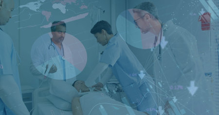 Image of financial data processing over diverse doctors. Global medicine, business, finances, computing and data processing concept digitally generated image.の写真素材