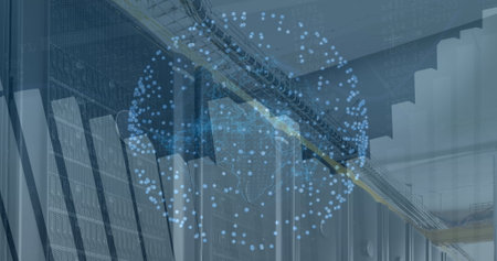 Image of spinning globe and statistical data processing against computer server room. Global...