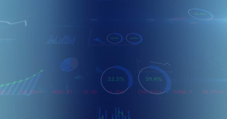 Image of statistical data processing against blue gradient background. Computer interface and...