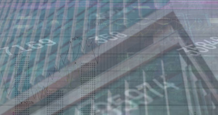 Image of numbers and financial data processing over cityscape. Global business, finance, computing and data processing concept digitally generated image.の写真素材