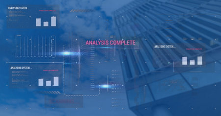 Image of interface with data processing and light spot against low angle view of tall building....