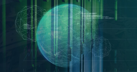 Image of spinning globe and statistical data processing against computer server room. Global...