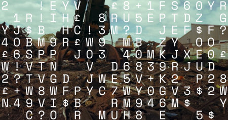 Image of data processing against hydraulic lifting machine with claw attachment at junkyard. Waste management and recycling conceptの写真素材