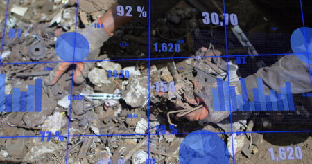 Image of statistical data processing against mid section of male worker working at junkyard. Waste...