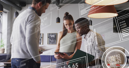 Image of graphs, loading circles, bars, changing numbers, diverse coworkers discussing reports....