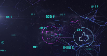 Image of network of digital icons and light spot against space in background. Global networking and business data technology conceptの写真素材