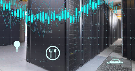 Image of icons with graphs and changing numbers over data server racks in server room. Digital...