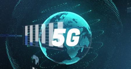 Image of statistical data processing and 5g text banner over spinning globe on blue background. Global networking and business data technology conceptの写真素材