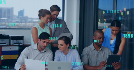 Image of changing numbers with currency symbols over diverse coworkers discussing in office. Digital composite, multiple exposure, business, growth, banking, teamwork and technology concept.の写真素材
