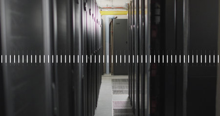 Image of line graphs over data server racks in server room. Digital composite, multiple exposure,...