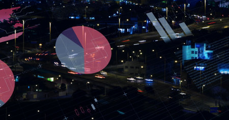 Image of infographic interface, aerial view of time lapse of moving vehicles on street in city. Digital composite, multiple exposure, report, business, growth, global and transportation concept.の写真素材