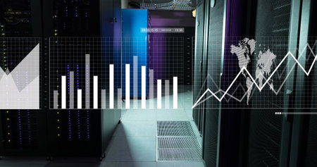 Image of multiple graphs, map and loading bars over server room in background. Digital composite,...