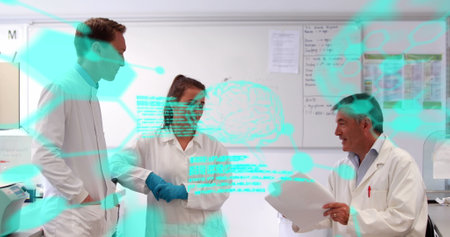 Image of medical data processing over team of diverse scientists discussing at laboratory. Medical...