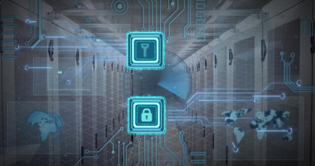 Image of key and padlock in square, globes, map and circuit board pattern over server room. Digital composite, protection, security, globalization, data center, networking and technology concept.の写真素材