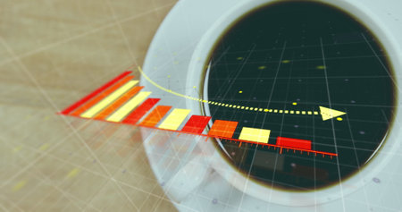 Image of arrow on reducing bar graphs, overhead view of coffee cup on wooden table. Digital composite, multiple exposure, report, reduction, loss, drink and beverage concept.の写真素材