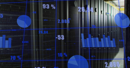 Image of statistical data processing over grid network against computer server room. Computer...