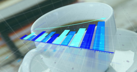 Image of cellphone on books and coffee cup over wooden table. Digital composite, multiple exposure, report, business, growth, progress, drink, beverage and technology concept.の写真素材