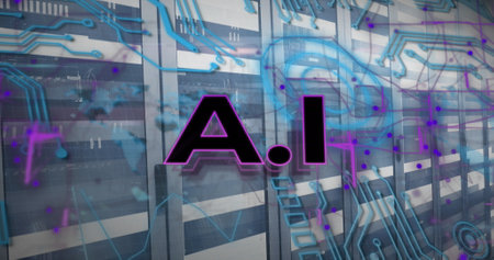 Image of ai text with circuit board pattern over moving bars on data server racks. Digital composite, artificial intelligence, futuristic, data center, networking, technology and network server.の写真素材