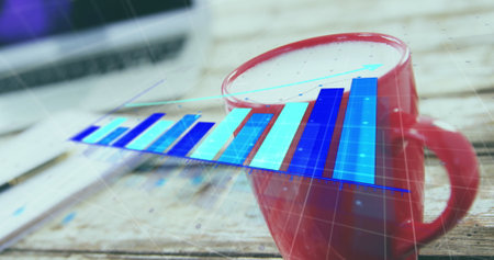 Image of arrow on growing bar graph with laptop, notepad, milk cup and cellphone on table. Digital composite, multiple exposure, report, business, growth, beverage and technology concept.の写真素材
