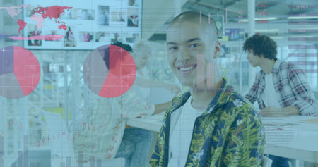 Image of statistical data processing against portrait of biracial man smiling at office. Computer interface and business data technology conceptの写真素材