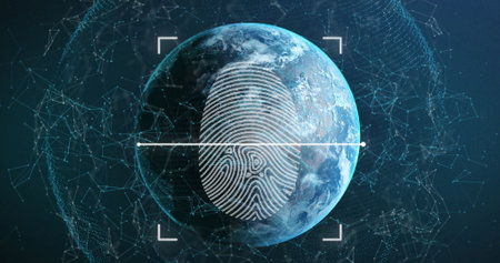 Image of scanning fingerprint in viewfinder over connected dots around globe. Digitally generated, hologram, illustration, biometric, protection, communication, globalization and technology.の写真素材