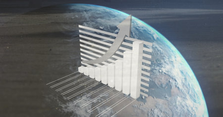 Image of arrow on bar graphs over rotating globe against space. Digitally generated, hologram, illustration, report, business, three dimensional and globalization concept.の写真素材
