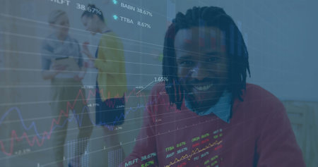 Image of stock market data processing over african american man taking notes at office. Global...