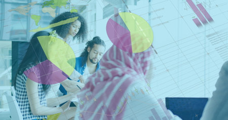Image of statistical data processing against group of diverse colleagues discussing at office....