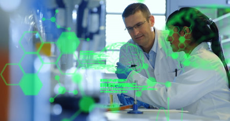 Image of medical data processing over diverse male and female scientists working at laboratory....