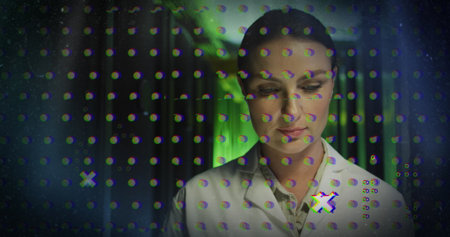 Image of abstract shapes against thoughtful caucasian female engineer working at server room....
