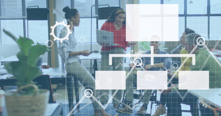 Image of statistical data processing, digital icons over diverse colleagues discussing at office....