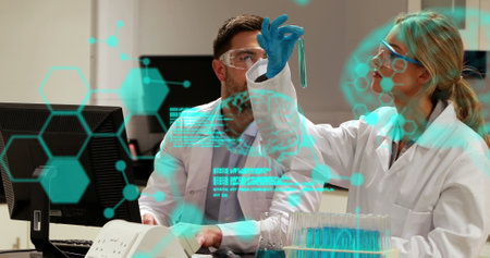 Image of medical data processing over diverse male and female scientists working at laboratory....