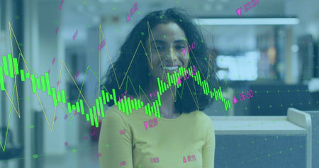 Image of data processing against portrait of african american woman smiling at office. Computer...