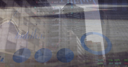 Image of financial data processing over city. Global business, computing, digital interface and data...