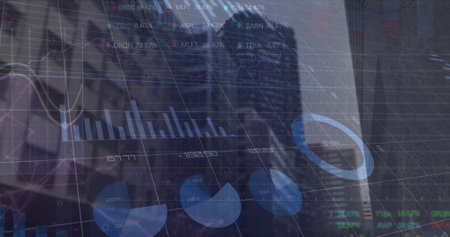 Image of financial data processing over city. Global business, computing, digital interface and data processing concept digitally generated image.の写真素材