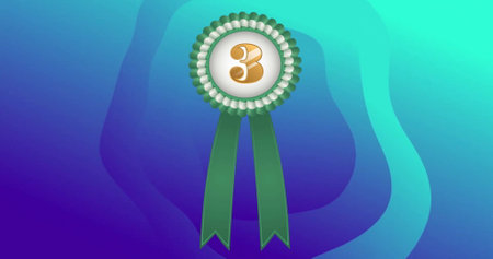 Image of badge with number 3 and shapes on blue background. Abstract background and pattern concept, digitally generated image.の写真素材