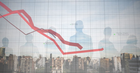 Image of red lines and financial data processing over city. Global business, computing, digital...