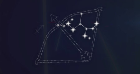Image of connected sagittarius symbol and lens flares moving against black background. Digitally generated, hologram, illustration, fortune telling, astronomy, animal and zodiac concept.の写真素材