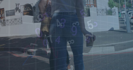 Image of pooping out changing numbers over diverse woman with coffee cup crossing street. Digital composite, multiple exposure, business, growth, abstract and beverage concept.の写真素材