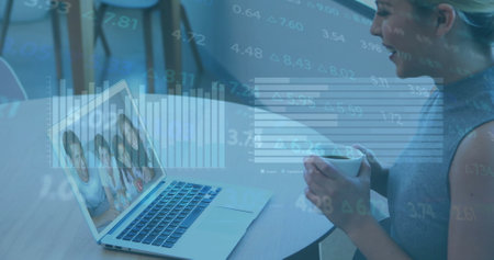 Image of infographic interface over caucasian woman having coffee and talking over image call....