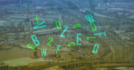 Image of changing numbers and letters over cityscape. Global business and technology concept, digitally generated image.の写真素材