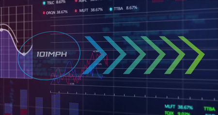 Image of changing numbers, mph text, arrows, graphs and trading board over black background....
