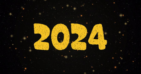 Image of 2024 text over fireworks exploding on black background. New year&#39;s eve, party, festivity, celebration and tradition concept digitally generated image.の写真素材