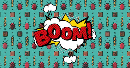 Image of boom text in red on explosion cloud over insects on blue background. Surprise, fun, retro, social media, game, digital interface and communication digitally generated image.の写真素材