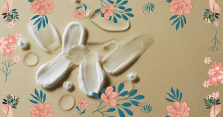 Image of cream smudges and copy space over brown background. Natural living, healthy lifestyle, organic products, health and beauty concept digitally generated image.の写真素材