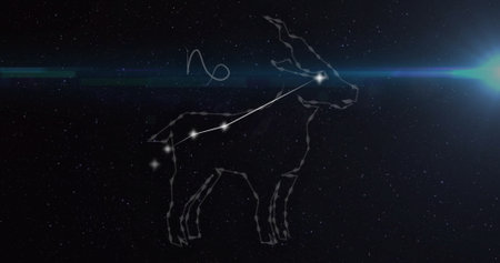 Image of connected dots forming capricorn symbol and lens flares over black background. Digitally generated, hologram, illustration, fortune telling, astronomy, animal and zodiac concept.の写真素材
